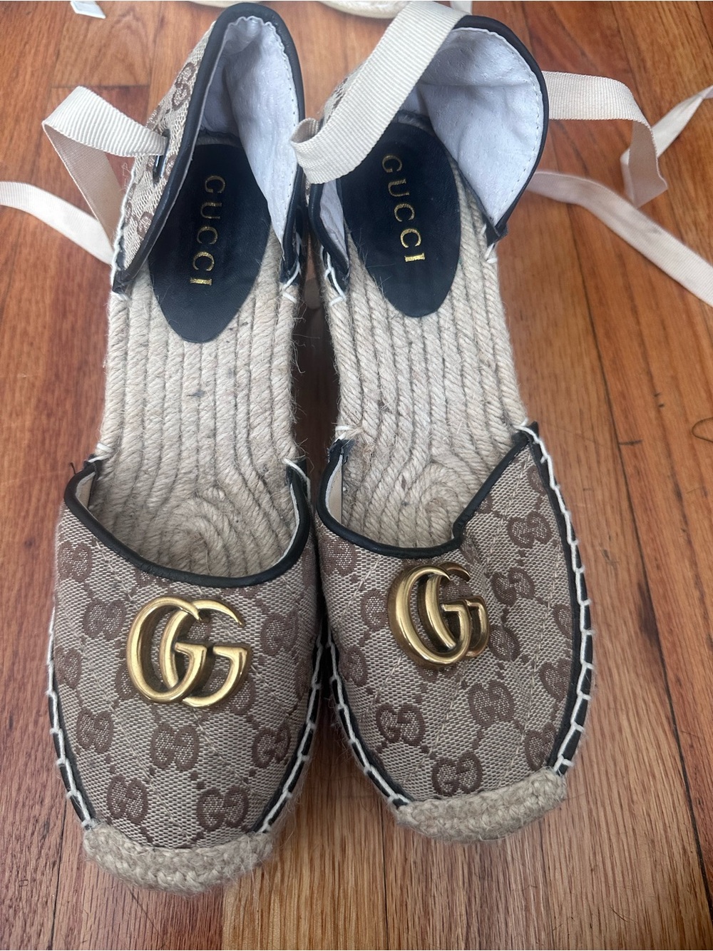 Gucci Brown GG Canvas Espadrille Flats with Gold Double G